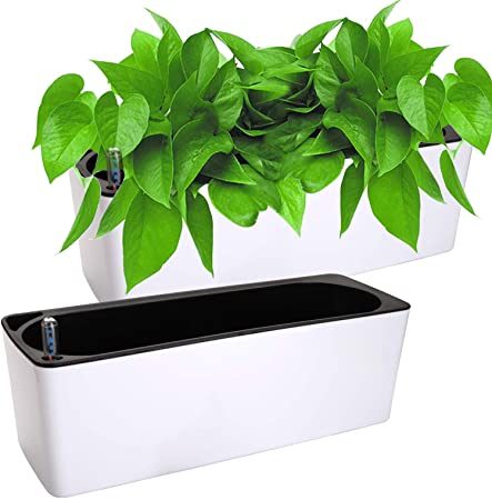 Fasmov 2 Pack Rectangle Self Watering Planter with Water Level Indicator, Window Gardening Box, Decorative Planter Pot for All House Plants Flowers Herbs, Modern Decorative Planter Pot, 16x 5.5 Inch