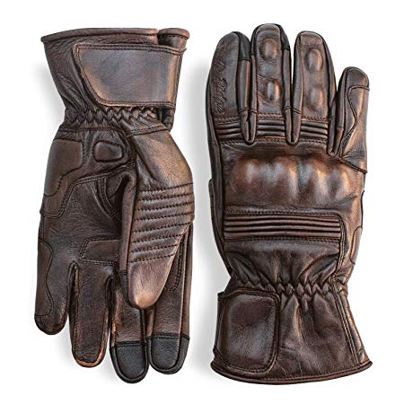 Premium Leather Motorcycle Gloves (Brown) Cool, Comfortable Riding Protection, Full Gauntlet with Mobile Touchscreen Fingers (Medium)