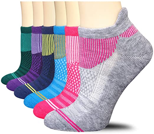 Shinno Womens Ankle Athletic Running Socks Low Cut Cushioned Sport Tab Socks 6 Pack