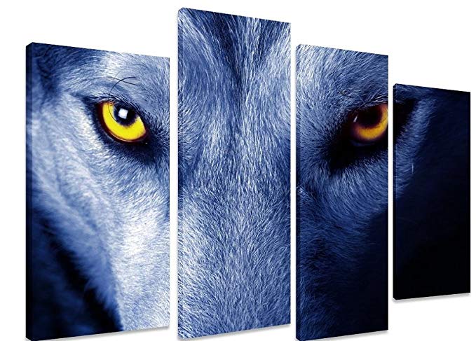 PICTURE - Multi Split Panel Canvas Artwork Art - Closeup Wolf's Dangerous Yellow And Orange Eyes Animal - ART Depot OUTLET - 4 Panel - 101cm x 71cm (40"x28")