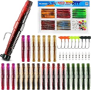 PLUSINNO Wacky Worm Fishing Lure Kit, Soft Plastic Fishing Lures, Grub Baits Hook Wacky Rig Bass Trout Fishing Worms Lures w/Tackle Box