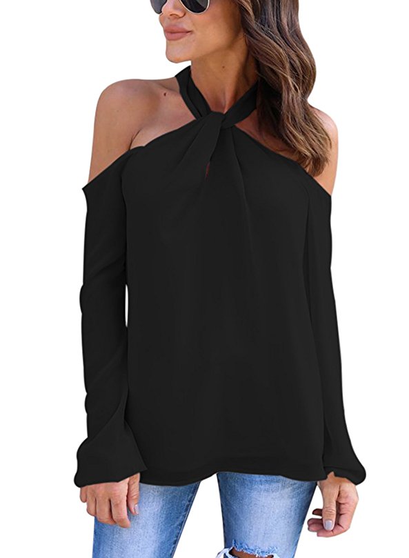 FARYSAYS Women's Casual Chiffon Long Sleeve Off Shoulder Halter Neck T-Shirt Blouse Tops