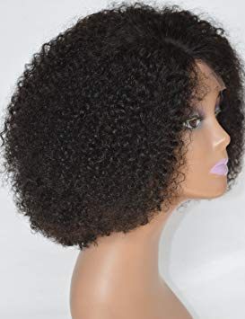 Chantiche Silk Top Invisible Deep Parting Short Kinky Curly Lace Wigs For Black Women Natural Looking Brazilian Remy Human Hair Wigs With Right Part 14 Inch #1B(GL-0103)