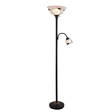 CO-Z 3-Way Switch Combo Floor Lamp Torchiere with Side Reading Light, Antique Bronze Mother Daughter Floor Lamp with Glass Shade, 71" Desk Floor Lamp for Living Room/Bedroom/ Home Office