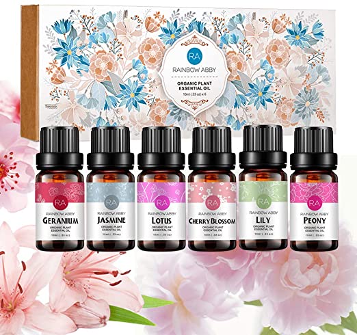 Floral Essential Oils Set (Cherry Blossom, Peony, Lotus, Jasmine, Lily, Geranium) - 100% Pure Aromatherapy Diffuser Oils Set for Diffuser, Massage, Home Fragrance, Perfume - 10ml x 6