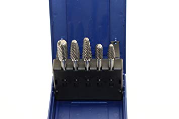 TEMO 5 pc Set Double Cut CARBIDE ROTARY BURR FILE TOOL, 1/2 inch (12.7mm) and 3/8 inch (9.5mm) Heads, 1/4 inch (6.35mm) Diameter 2 inch (50.8mm) Long Shank