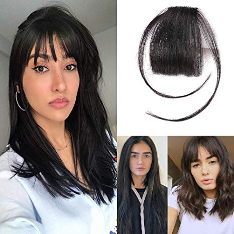 HIKYUU Natural Black Human Hair Clip on Bangs Fringe with Temples 100% Remy Real Brazilian Human Hair Neat Front Air Bangs Extensions