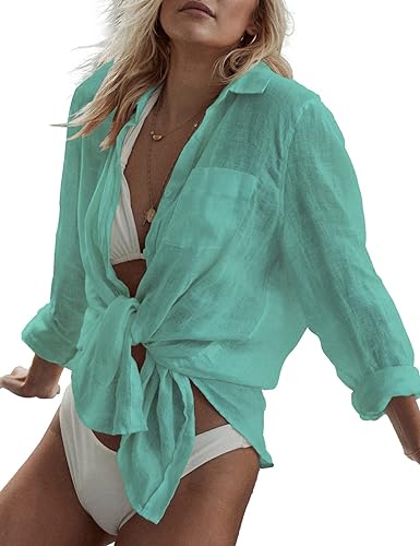 Bsubseach Women Long Sleeve Beach Shirt Blouses Bathing Suit Cover Up Button Down Collar