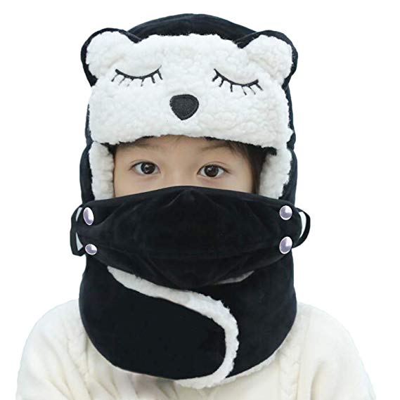 Cartoon Winter Hats Ski Cap for Girls Boys Windproof Thermal Fleece Trapper Hat with Earflap Face Mask