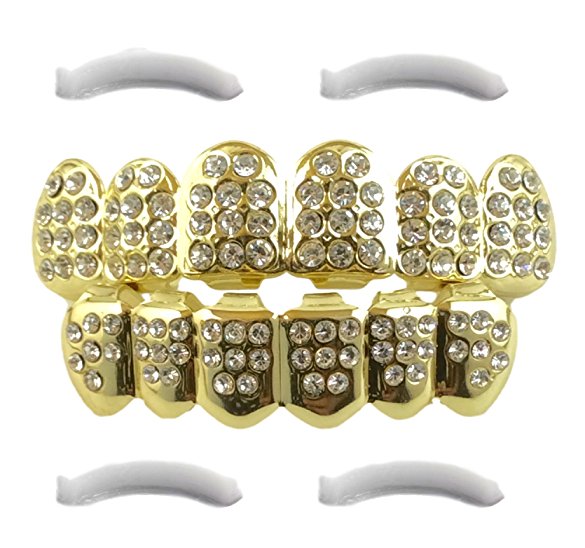 14K Gold Plated Iced Out Grillz with CZ Diamonds - Top and Bottom Set   2 EXTRA Molding Bars Included