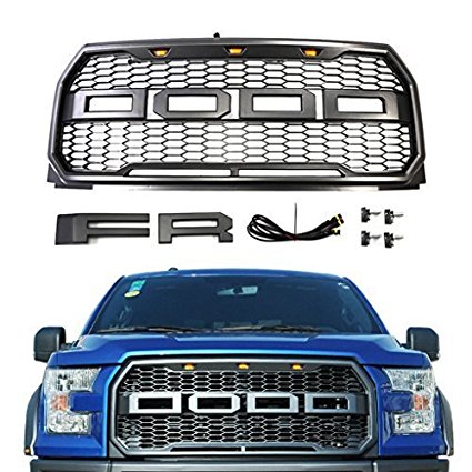 Vakabva Ford F150 Grill Raptor Style Grille Gray Ford F150 Front Grill with Amber LED Lights Packaged Grille for 2015 2016 2017 Ford F150