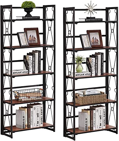 VECELO Bookshelf, 5 Shelf Folding Bookcase No Assembly, Industrial Metal Standing Shelves Organizer for Living Room, Bedroom and Office , Set of 2, Teakwood Brown