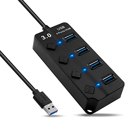4-Port USB 3.0 Hub Speed up to 5Gbps, Portable USB Expander Splitter Multiport Adapter, USB Extension Hub with LED Individual Power Switch 3.3ft Cable, for PC Windows, Mac, Chromebook, Laptop, Tablet