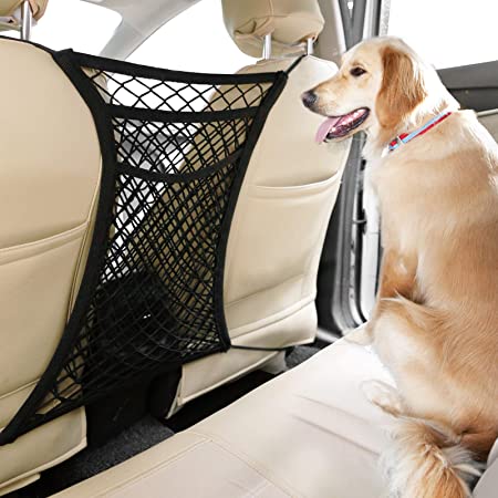 rabbitgoo Dog Car Net Barrier,13.98" × 15.55", Metal Hooks & Stretchable Mesh Obstacle, Back Seat Net Organizer, Design for Pet Disturb Stopper & Storage Pouch, 3 Layers