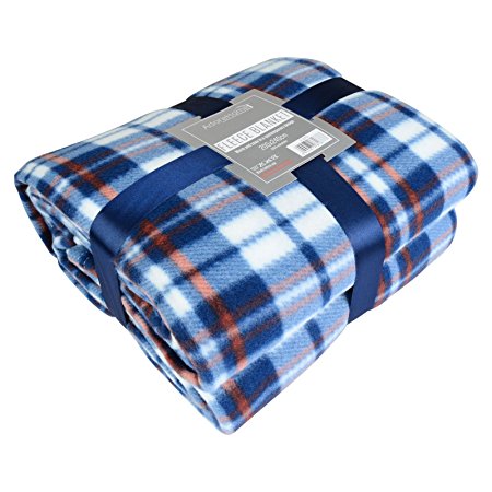Soft and Warm King 200x240cm Tartan Check Printed Fleece Throw for Sofa Bed Travel Car Blanket (Blue Check)