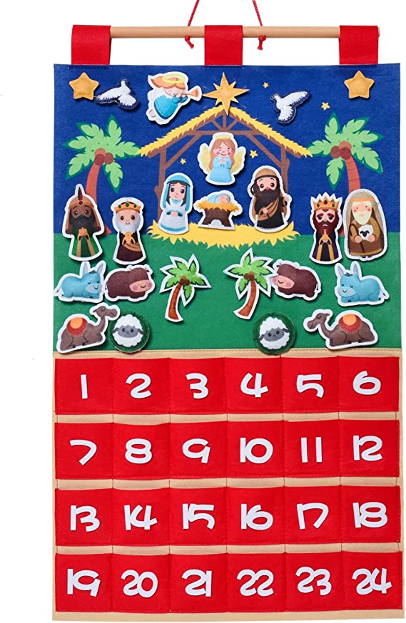 Timoo Nativity Advent Calendar 2022 Fabric Christmas Countdown Calendar for Kids Wall Christmas Advent Calendar with Pockets and 24 Unique Stuffed Figures