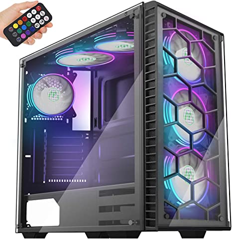 MUSETEX ATX Mid-Tower Case 6 RGB Fans Pre-Installed USB 3.0 with Voice Remote Control & Tempered Glass Panels, Decent Cable Management/Airflow Gaming PC Case Computer Chassis（903-MS6）