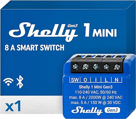 Shelly 1 Mini Gen 3 | WiFi & Bluetooth Smart Switch Relé 1 Canal 8A | Automatización del hogar | Compatible con Alexa y Google Home | iOS Android app | No requiere hub | Contactos secos