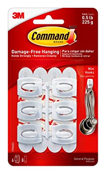 Command 0.5 lb Capacity Mini Hooks, Indoor Use, 6 hooks, 8 strips, White (17006-ES)