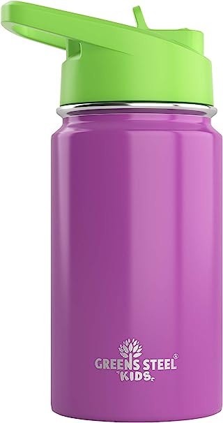 Kids Water Bottle - 12oz Purple | Leak Proof With Straw & Handle | 24 Hours Cold | Insulated, Double Wall Stainless Steel | Easy Sip Toddler Cup | Child's Flask | Eco Friendly