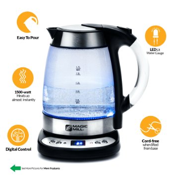 Magic Mill MEK-204S 10 Cup Cordless Silver Electric Kettle With Digital Control Glass Series
