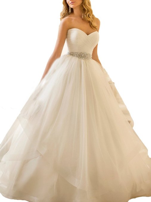 Ubridal Sweetheart Ball Gown Beading Sash Ruffles Tulle Wedding Dress Bridal Gown
