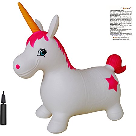 AppleRound Unicorn Bouncer with Hand Pump, Inflatable Space Hopper, Ride-on Bouncy Animal (White)