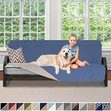 Sofa Shield Original Patent Pending Reversible Futon Slipcover, 2 Inch Strap Hook, Seat Width Up to 70 Inch Washable Furniture Protector, Futons Slip Cover Throw for Pets, Futon, Denim Lt Taupe