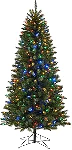 Honeywell 6.5 ft Slim Pre-Lit Christmas Tree, Eagle Peak Pine Pencil Artificial Christmas Tree with 350 Color Changing LED Lights, Xmas Tree with 955 PVC Tips, Tree Top Connector, UL Certified