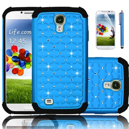 Galaxy S4 Case,EC™ Diamond Rhinestone Bling Case for Samsung Galaxy S4, Hybrid Impact Rugged Case,Heavy Duty Shockproof Sparkle Shimmer Case for Samsung Galaxy S4 (AT&T, Verizon, T-Mobile, Sprint, And All International Carriers) with Screen Protector   Stylus (Light Blue)