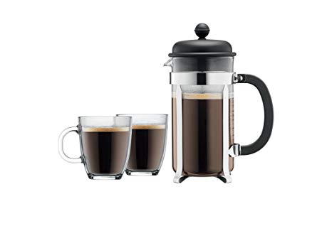 Bodum Caffettiera French Press Coffee Maker, 8 Cup, 1 Liter, 34oz with 2 Glass Mugs, 0.35 Liter, 12oz