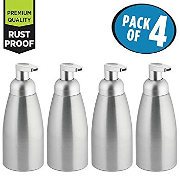 mDesign Foaming Aluminum Soap Dispenser Pump Set for Kitchen Sink, Kitchen Counter - Pack of 4, Brushed/Silver