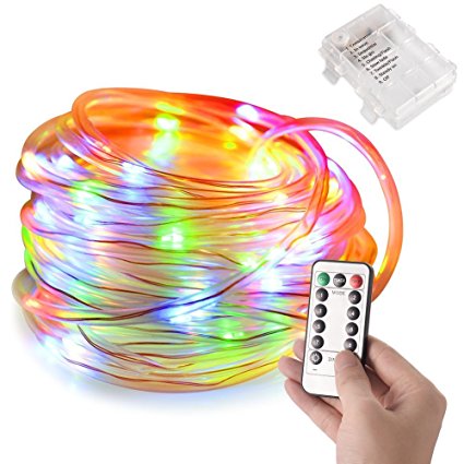 LEDGLE Remote Controlled String Adjustable LED Rope Lights with 100 LED Beads, 8 Lighting Modes, IP66 Waterproof, Battery Powered, 33ft