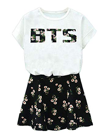 BTS Suga Jin Jimin Jung Kook Printed T-Shirt   Floral Skirt Two Piece Suit