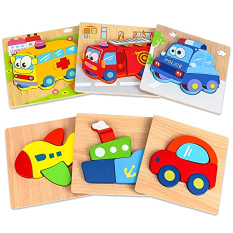 Dreampark Wooden Jigsaw Puzzles, [6 Pack] Vehicle Puzzles for Kids Toddlers 1 2 3 Years Old Educational Toys Gifts for Boys and Girls