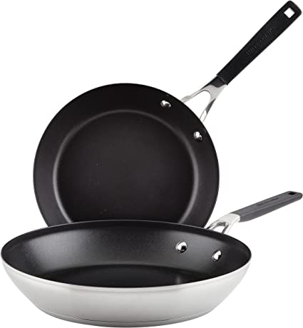 KitchenAid Stainless Steel Nonstick Frying Pans/Skillet Set, 9.5 Inch and 12 Inch, Brushed Stainless Steel