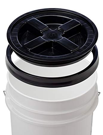 5 Gallon White Bucket & Gamma Seal Lid - Food Grade Plastic Pail & Gamma2 Screw Seal Tight Lid (Black)