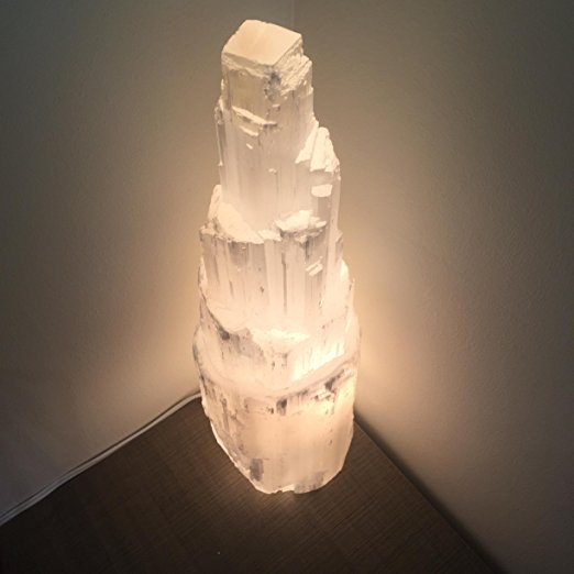 Selenite Skyscraper Lamp 12 - 15 inches tall, 6 lbs, natural healing crystal, cord and bulb included