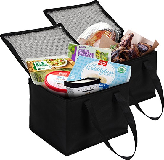 2 Pack Insulated Bag - Great For Hot & Cold Food Delivery, Reusable Grocery Bag - Foldable - Dual Zippers - Compact Size