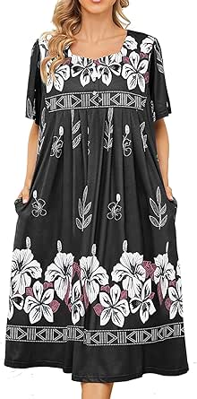 Bloggerlove Nightgown for Women Hawaiian Muumuu House Dress Print Lounger Patio Dress with Pockets Moomoo