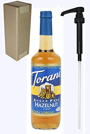 Torani Sugar Free Hazelnut Flavoring Syrup, 750mL (25.4 Fl Oz) Glass Bottle, Individually Boxed, With Black Pump