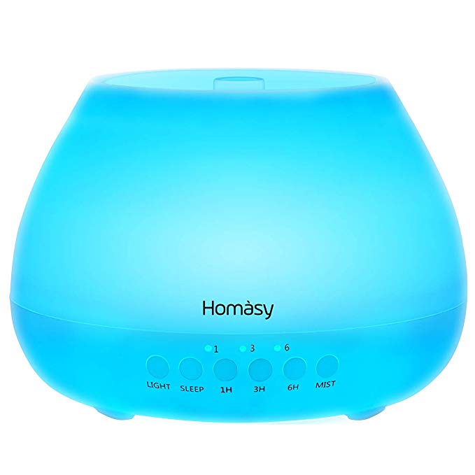 Homasy Essential Oil Diffuser, 500ml Large Capacity Aroma Ultrasonic Cool Mist Humidifier with Sleep Mode for 20hrs’ Continuous Working, 8-Color LED Changing Light for Baby Home Office