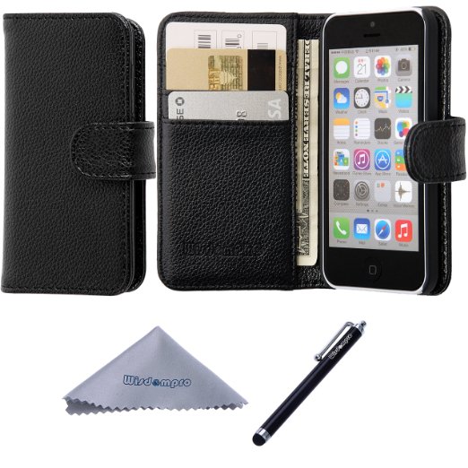 iPhone 5c Case, Wisdompro Premium PU Leather 2-in-1 Protective [Flip Folio] Wallet Case with Multiple Credit Card Holder/Slots for Apple iPhone 5c (Black)