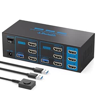 KVM Switch 3 Monitors 2 Computers HDMI 4K60Hz USB3.0 KVM Switch 2 Ports with 4 USB Ports for 2 Computers Sharing Triple Monitor and 4 USB Devices Support Extended & Copy Mode with 2 USB Cables