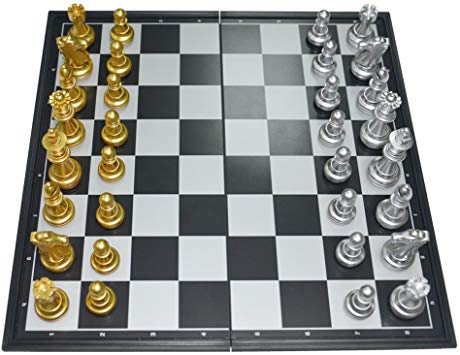 9.8'' Square Golden/Silver Chess Set Magnetic Chess Pieces Folding Chess Board Gifts for Kids