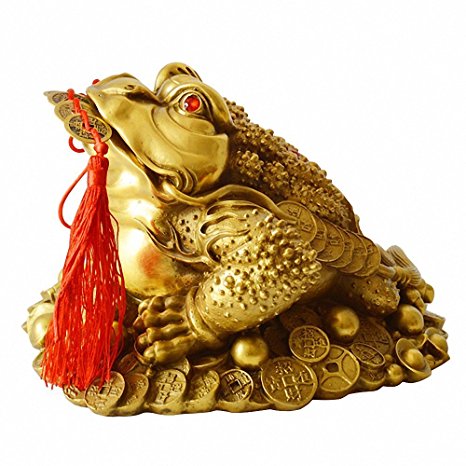 Brass Feng Shui Money Frog (Three Legged Wealth Frog or Money Toad) Statue   Set of 5 Lucky Charm Ancient Coins on Red String,Feng Shui Decor