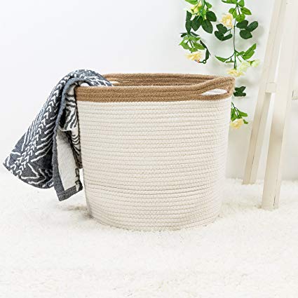 Goodpick 15" x 12.6" x 11.8" Large Cotton Rope Basket - Woven Storage Basket - Baby Bins for Diapers, Laundry Organization, Toys, Towels, Blankets, Nursery - Decor Cotton Storage Container