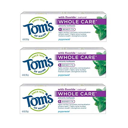 Tom's of Maine Whole Care Toothpaste, Toothpaste, Natural Toothpaste, Peppermint, 4.0 Ounce, 3-Pack