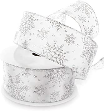 Ribbon Traditions Glitter Snowflakes Satin Wired Ribbon 2 1/2 Inch By 25 Yards - White/Silver