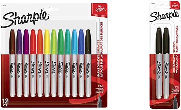 Sharpie Fine Point Permanent Marker, Assorted Colors,12-Count & Permanent Markers, Fine Point, Black, 2 Ct